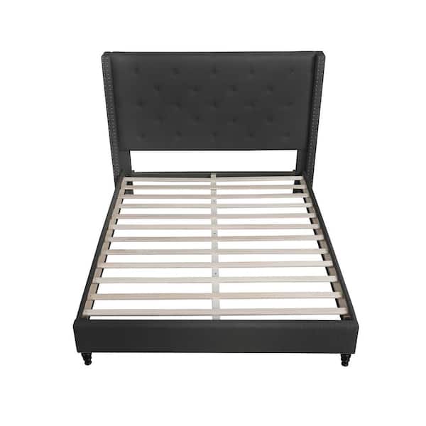 London Black Full Upholstered Linen Blend Wingback Platform Bed