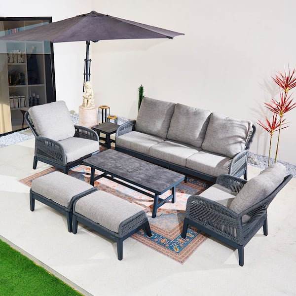 Bellaire 7-Piece Outdoor Aluminum Rope Weaving Patio Conversation Set with Gray Cushions