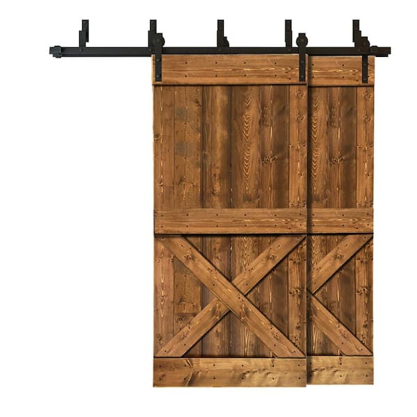 CALHOME 84 in. x 84 in. Mini X Bar Bypass Walnut Stained Solid Pine Wood Interior Double Sliding Barn Door with Hardware Kit