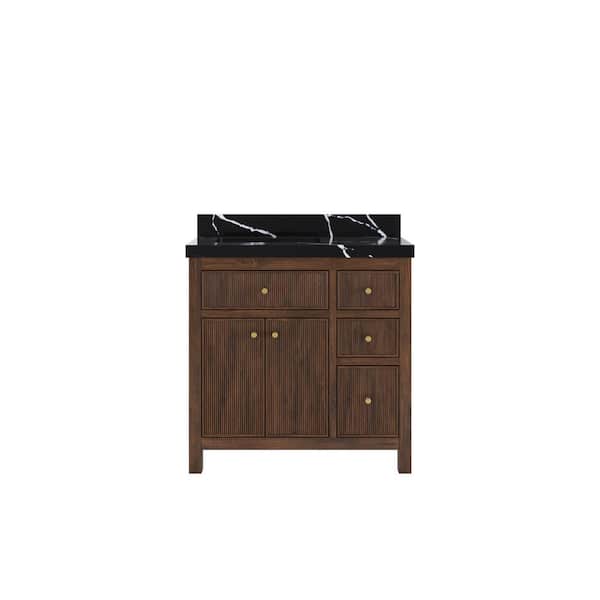 Willow Collections Sonoma Teak 36 in. Left Offset Sink Freestanding Dark Walnut Bath Vanity with Calacatta Black Qt. Top Unassembled
