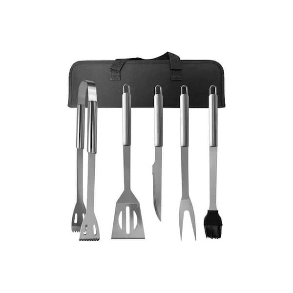 Stainless Steel 5-Piece BBQ Grill Tools Set with Carrying Case Spatula Tongs Fork Knife Basting Brush