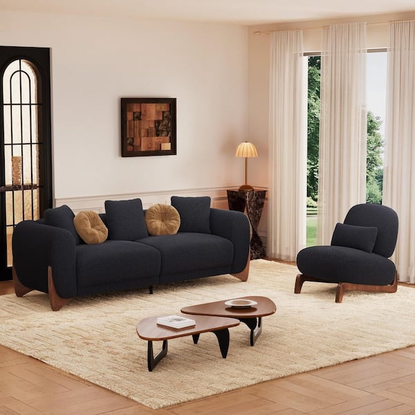 Cloud Couch 2-Piece Black Sherpa Velvet Sofa and Chair with Solid Wood Leg Living Room Set for Apartment