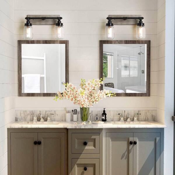 2-Light Modern Farmhouse Black Bath Vanity Light with Faux Wood Accent and Clear Glass Mason Jar Shades Wall Sconce