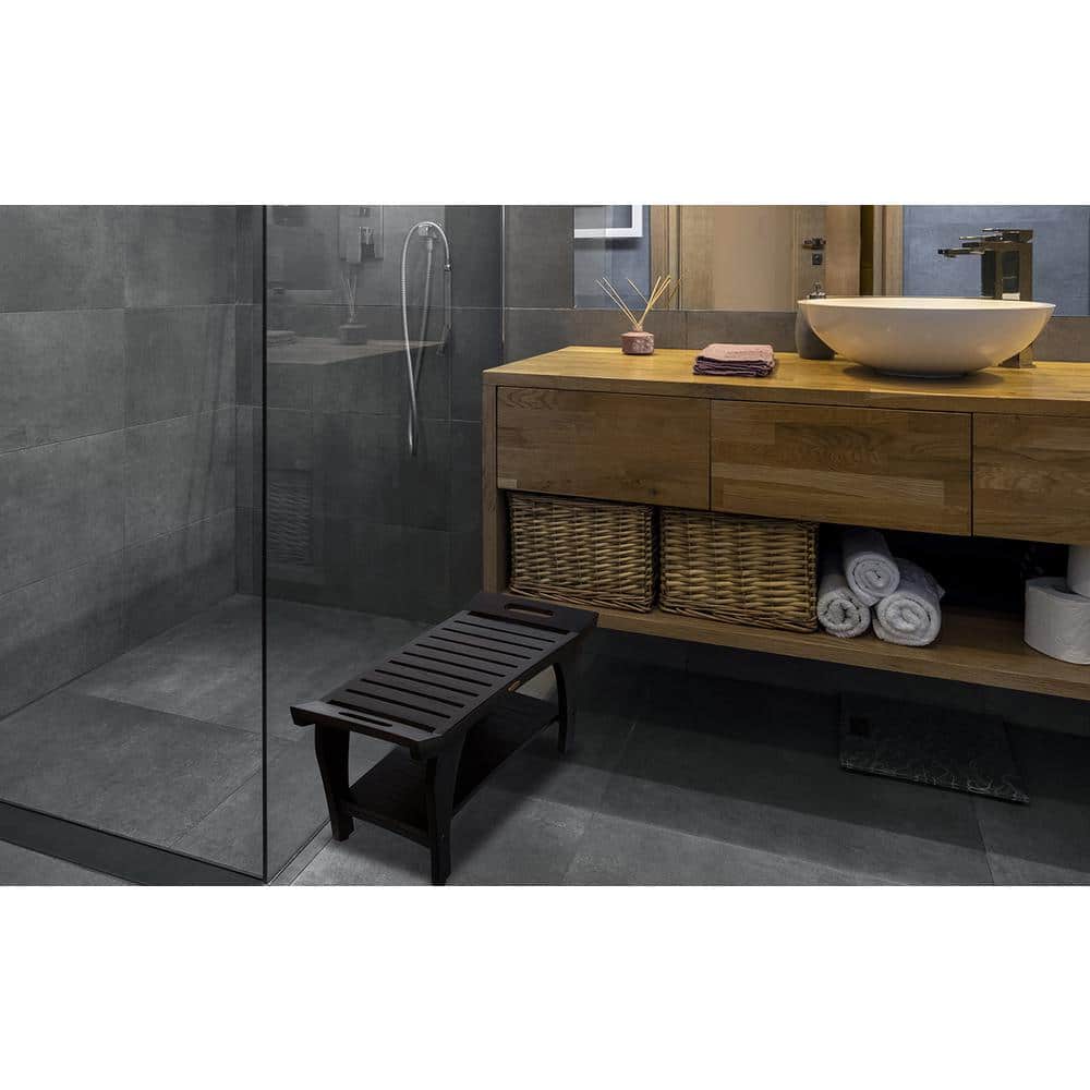 32" Dark Brown Teak Wood Shower Bench with Handles