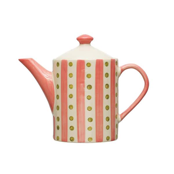 Storied Home Stoneware Teapot with Painted Design and Strainer, Multicolor
