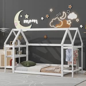 White Wood Frame Twin Size House-Shaped Floor Bed with Detachable Shelf and Clothes Rack