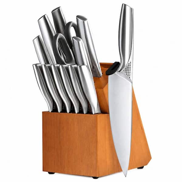 15-Piece High Carbon Stainless Steel Kitchen Knife Set with Block and Built-In Sharpener