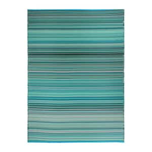 Hawaii Blue 5 ft. x 7 ft.  Contemporary Stripe Reversible Plastic Outdoor Area Rug
