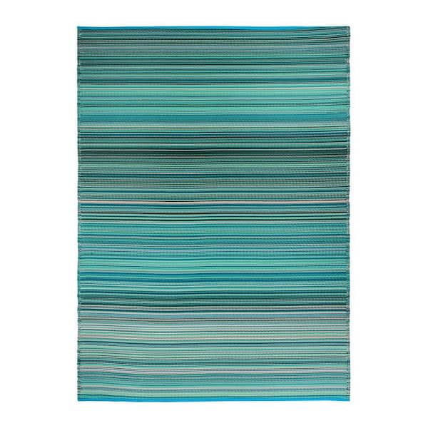Contemporary Stripe Reversible Plastic Blue 6 ft. x 9 ft. Outdoor Area Rug