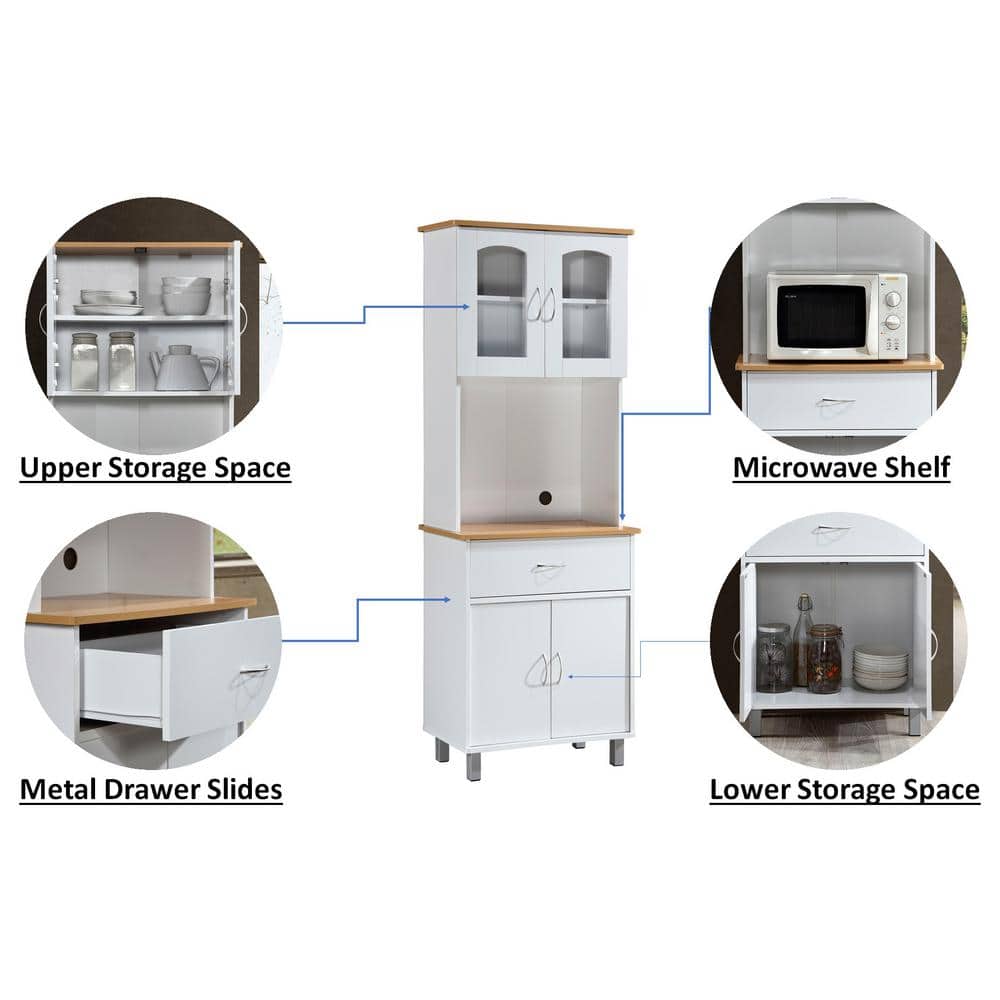 White and Natural Tall Kitchen Cabinet with Glass Doors