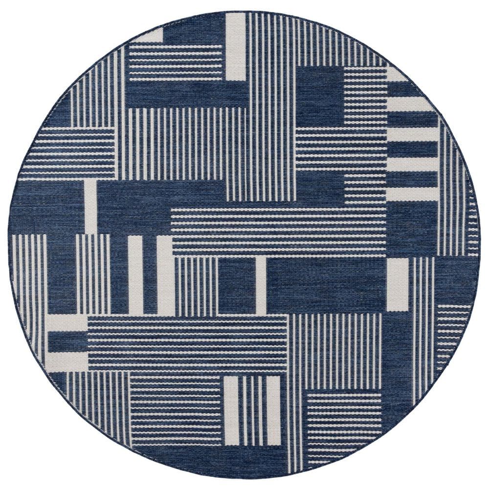 Beach House Navy/Ivory 7 ft. x 7 ft. Geometric Solid Striped Indoor/Outdoor Round Area Rug price history on PriceWatchPro