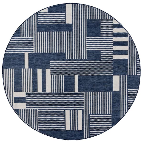 Beach House Navy/Ivory 7 ft. x 7 ft. Geometric Solid Striped Indoor/Outdoor Round Area Rug