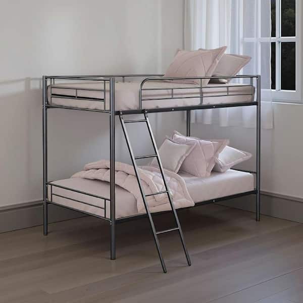 Cet White Twin Over Twin Bunk Bed with Attached Angled Ladder