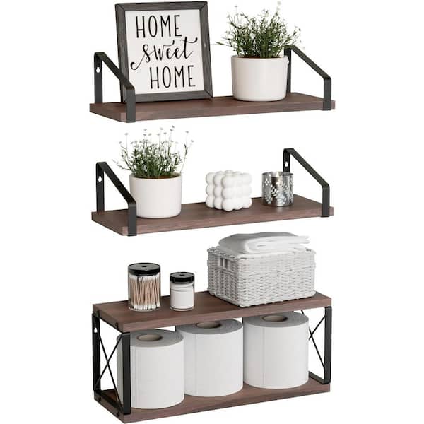 Cubilan 15.6 in. W x 5.7 in. D Rustic Brown Decorative Wall Shelf, 2-in-1 Wall Mounted Floating Shelves (Set of 3)