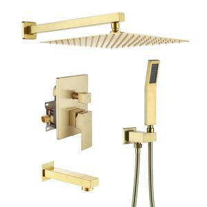 Single-Handle 1-Spray 2.5 GPM Tub and Shower Faucet with 12 in. Fixed Shower Head in Brushed Gold (Valve Included)