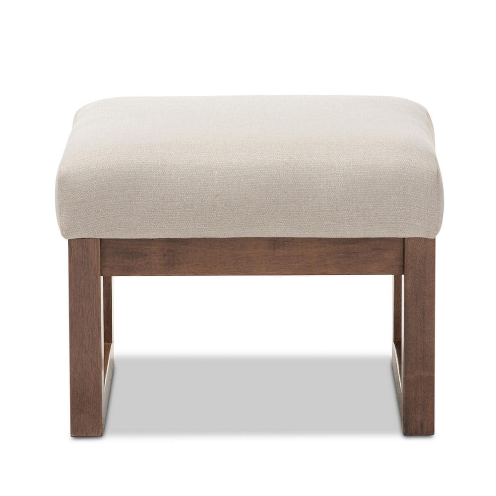 Yashiya Light Beige Fabric Upholstered Ottoman Stool with Walnut Wood Base