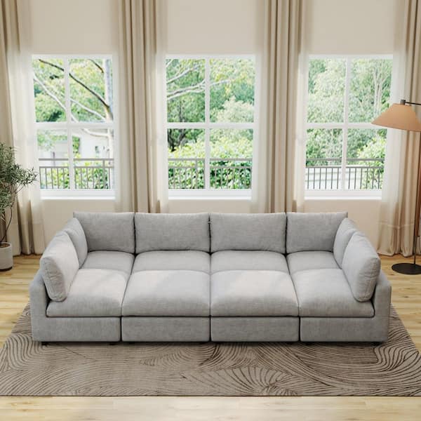 Oversized 134 in. Square Arm 8-Piece Chenille Modular Sectional Sofa with 2-Chaise Ottomans, Detachable Coves in. Gray