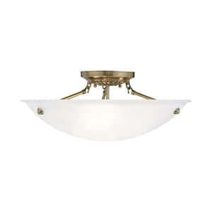 Oasis 20 in. 3-Light Antique Brass Semi Flush Mount with White Alabaster Glass