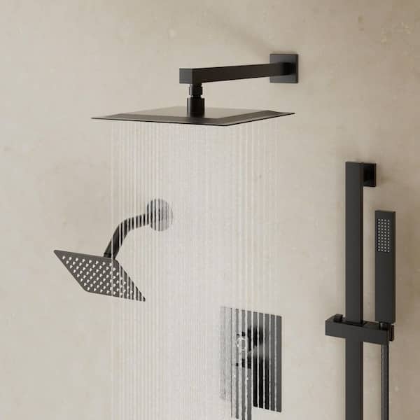 3-Spray 10 and 6 in. Wall Mount Dual Shower Heads and Handheld Shower Head in Matte Black (Valve Included)