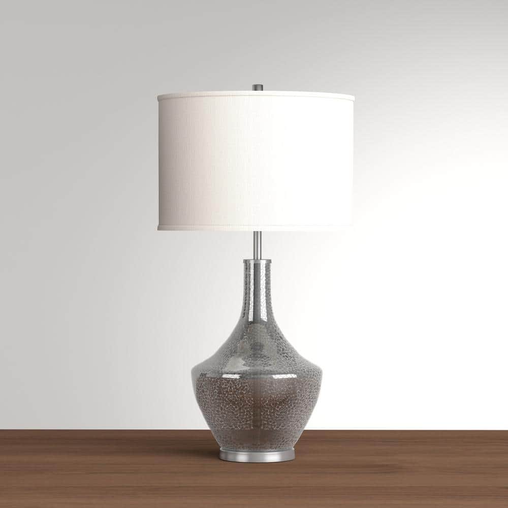 Silver Crackle Glass Nightstand Lamp with White Barrel Shade