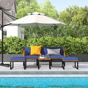 6-Piece Acacia Wood Patio Conversation Sofa Seat Set Ottomans Table Outdoor with Navy Cushions