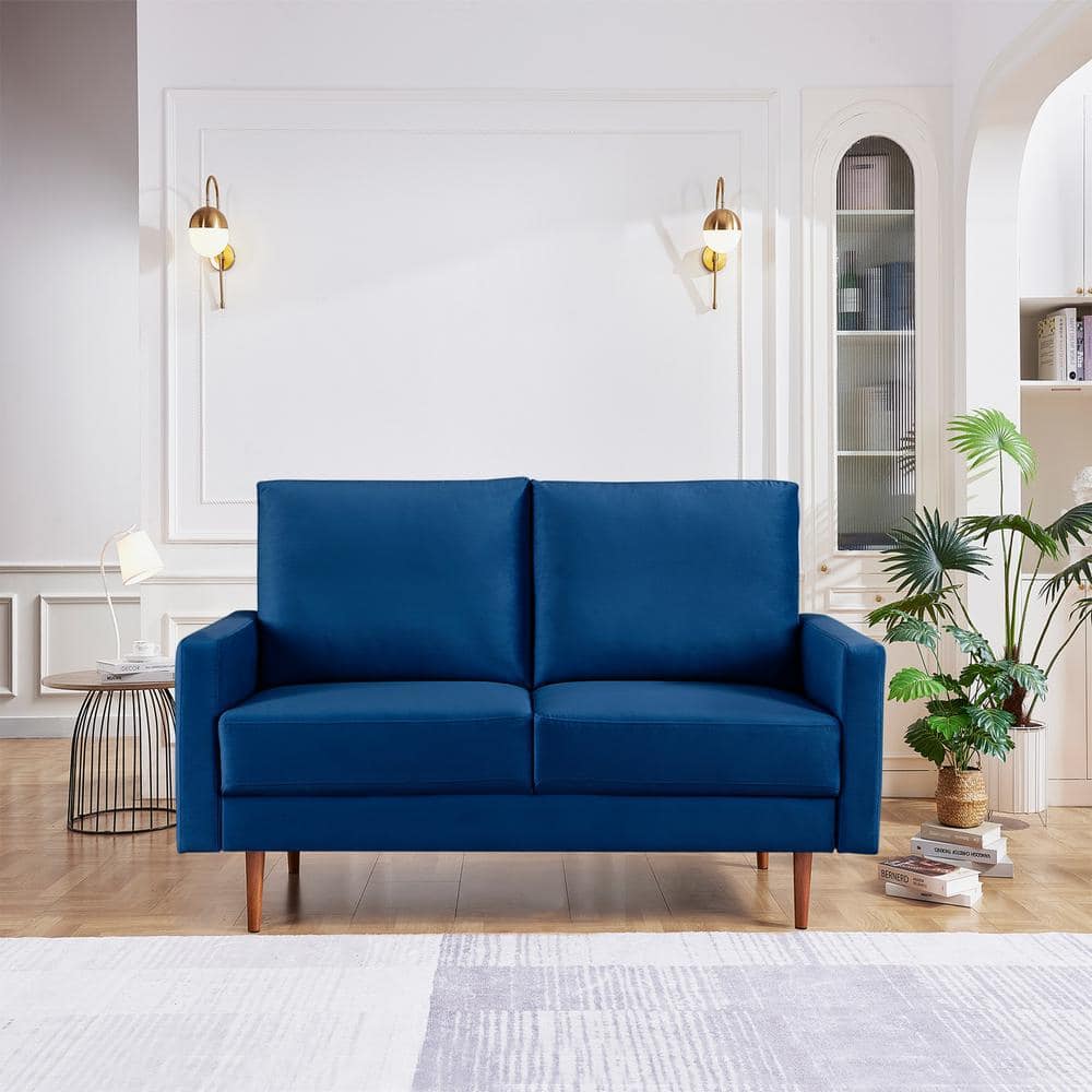 Modern Blue Velvet 57" Loveseat with Square Arms