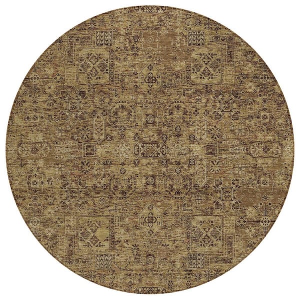 Brown, Taupe 8 ft. Round Woven Floral Polyester Round Indoor / Outdoor Area Rug