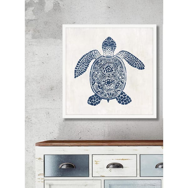 Asian Turtle Navy Blue with White I Framed Giclee Art Print 22 in. x 22 in.