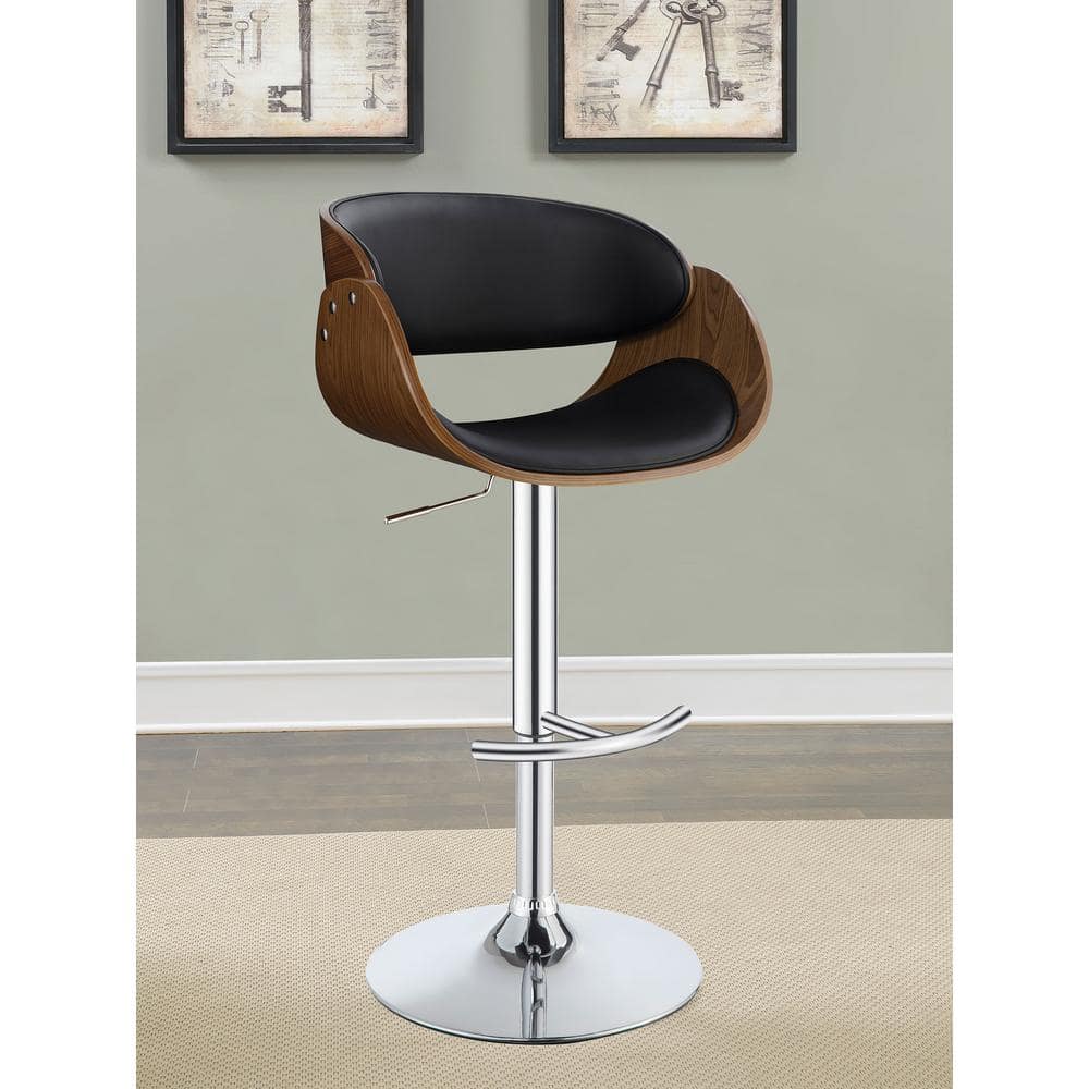 Black Adjustable Swivel Bar Stool with Walnut Wood and Chrome Base