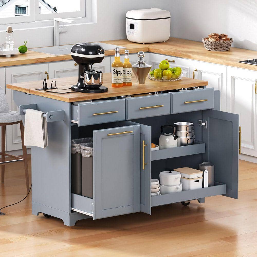 Zeus & Ruta Gray Blue Rubber Wood 59.3 in. W Kitchen Island with