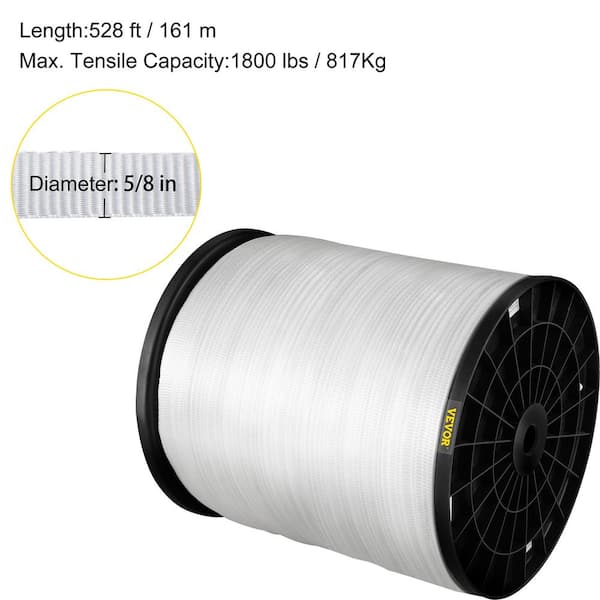 VEVOR 1800 lbs. Polyester Pull Tape 528 ft. x 5/8 in. Flat Tape for Pulling Loading Packing in Any Weather, White