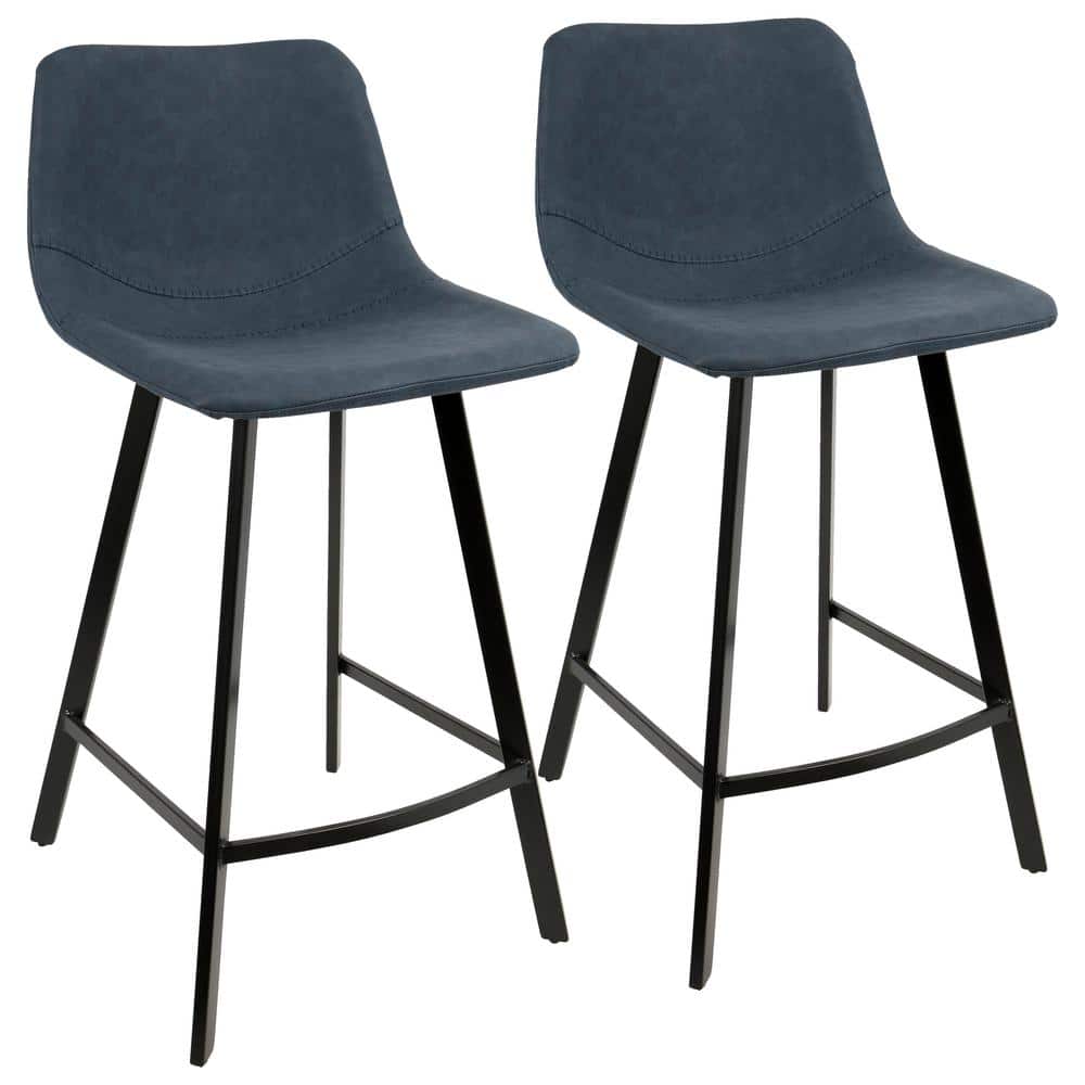 Contemporary Blue Faux Leather and Black Metal Counter Stool, Set of 2