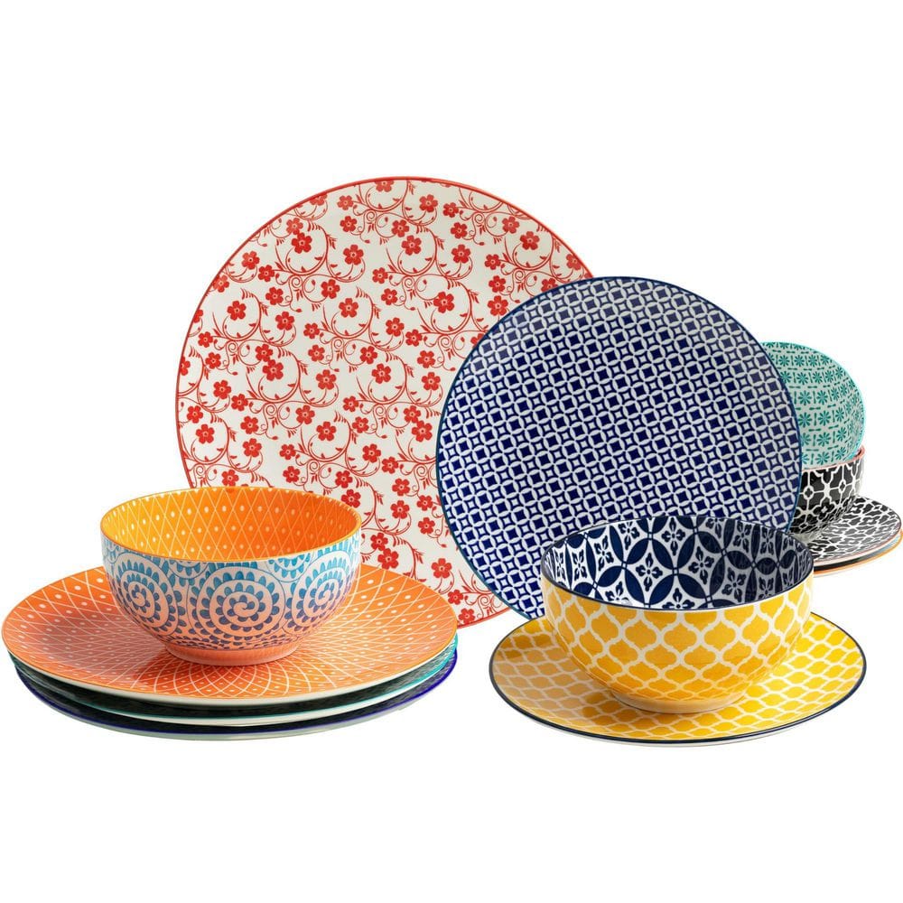 12-Piece Colorful Porcelain Ceramic Dinnerware Set Assorted Classic Pattern Plates Bowls Service for 4 price history on PriceWatchPro