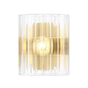 Aries 5 in. 1-Light Brushed Gold Glam Wall Sconce with Clear Ribbed Glass Shade