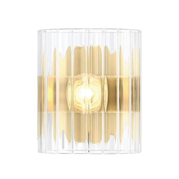 Designers Fountain Aries 5 in. 1-Light Brushed Gold Transitional Wall Sconce with Clear Ribbed Glass Shade