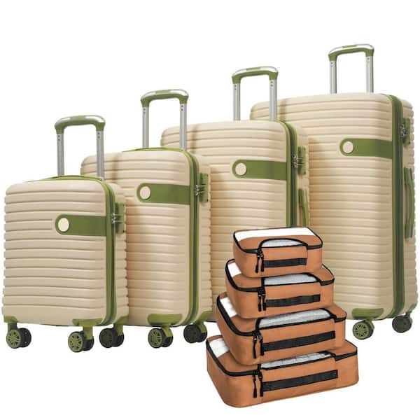 4 Bags 4-Piece White and Green Expandable ABS Hardshell Spinner 16"20"24"28" Luggage Set with 4 Packing Cubes, TSA Lock