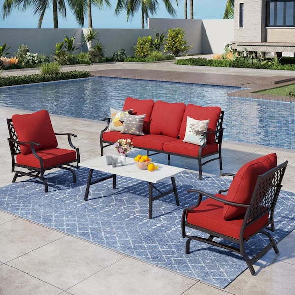 PHI VILLA Metal 5 Seat 4-Piece Steel Outdoor Patio Conversation Set with Rocking Chairs, Red Cushions and Marble Pattern Table
