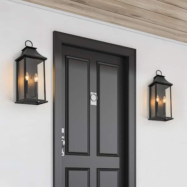 Montpelier 21 in. 2-Light Black Modern Dusk to Dawn Outdoor Aluminum Hardwired Wall Lantern Scone No Bulbs Included