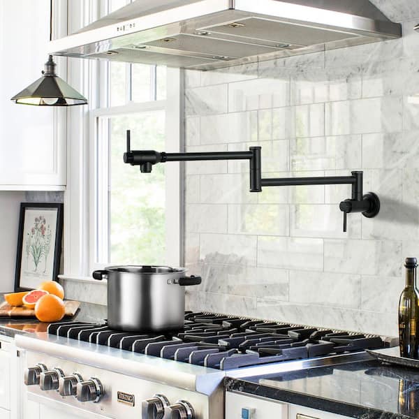 Wall Mounted Pot Filler 2-Handles Kitchen Faucet with 360° Spout Swivel in Matte Black