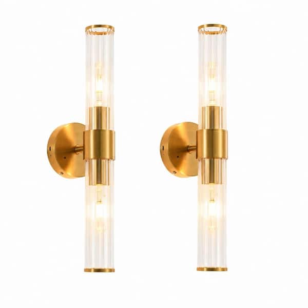 20 Inch Gold Two Light Wall Sconce Set with Remote Controlled Dimmable Standard Light Bulb Fixture