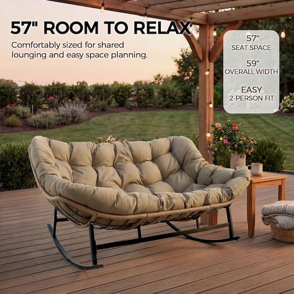 FINCATI Wicker Outdoor Rocking Chair with Brown Cushion, Double