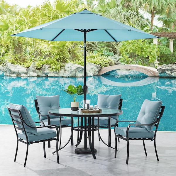 Hanover Lavallette 5 Piece Steel Outdoor Dining Set With Ocean Blues Cushions Chairs Glass Top Table Umbrella And Base Lavdn5pcrd Blu Su The Home Depot