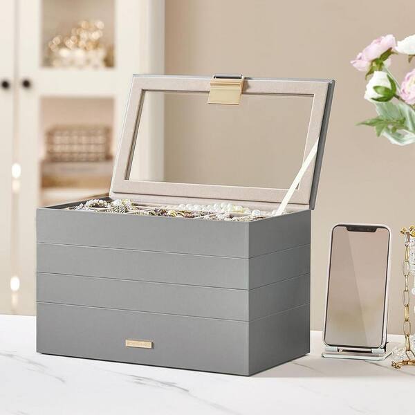 Dove Gray 11 in. x 7.2 in. Polyurethane Modern 4-Tier Jewelry Box with Glass Lid