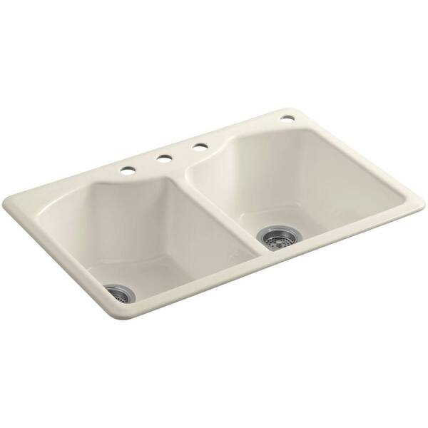 KOHLER Bellegrove Drop-In Cast-Iron 33 in. 4-Hole Double Bowl Kitchen Sink with Accessories in Almond