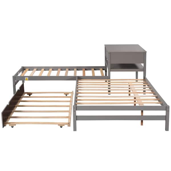STICKON Gray L-Shaped Wood Frame Full Size and Twin Size Platform Beds with Twin Size Trundle and Drawer