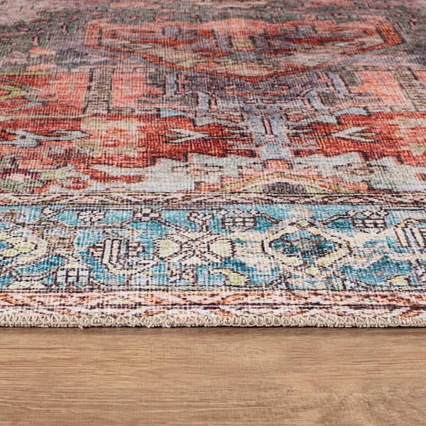Vintage Inspired Distressed Machine Washable Multi 8 ft. ROUND Area Rug