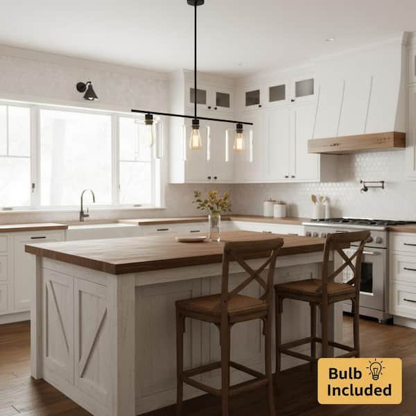 YANSUN 3-Light Black Industrial Island Pendant Light Fixtures, Linear Chandelier with Clear Glass Shade(Bulb Included)