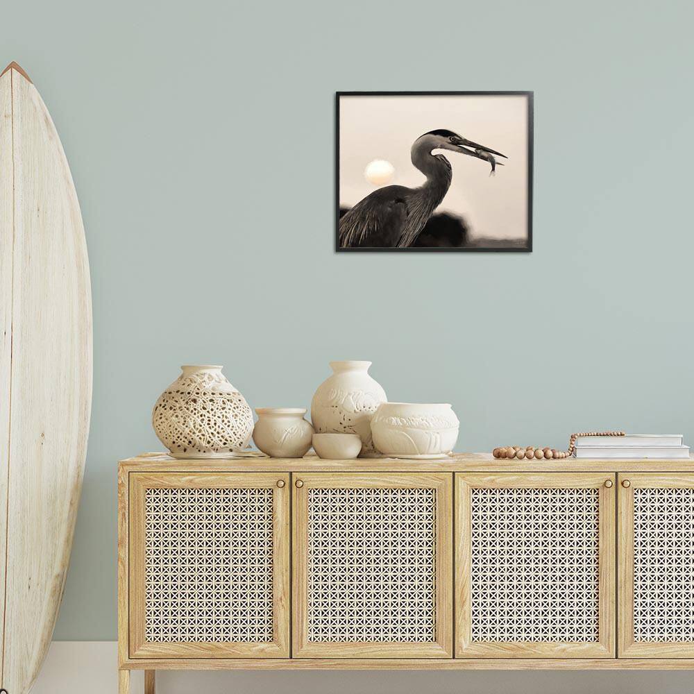 Heron Feeding on Fish by Lori Deiter Black Framed Animal Giclee Art Print 16 in. x 20 in.