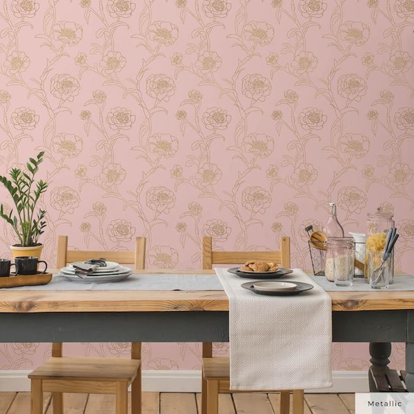 Rose and Metallic Gold Peonies Vinyl Peel and Stick Wallpaper Roll (Covers 28 sq. ft.)
