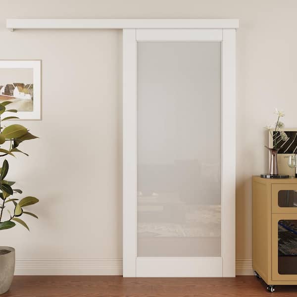 36 in. x 96 in. Hidden Track Style 1 Lite Frosted Glass White Primed MDF Sliding Barn Door with Hardware Kit